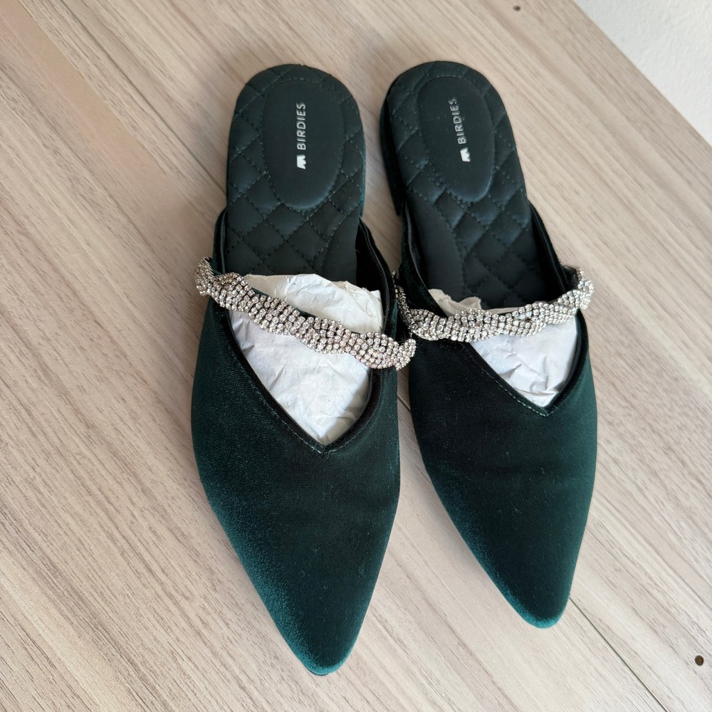 Birdies The Swan Emerald Crystal Velvet Pointed Toe Mules Size 9